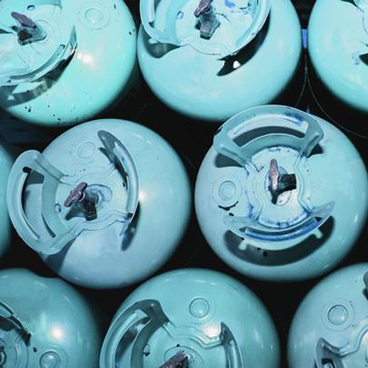 Blue hydrogen tanks packed together