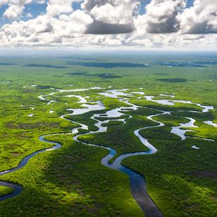 view from the sky looking down at crisscrossing waterways