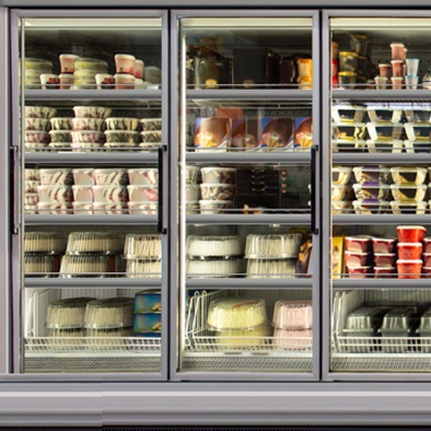 Direct view of a frozen refrigerator in a grocery store