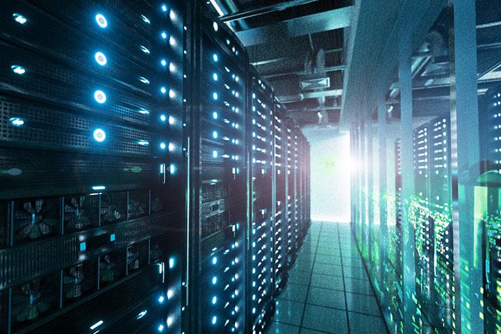 Hallway lined with computer servers